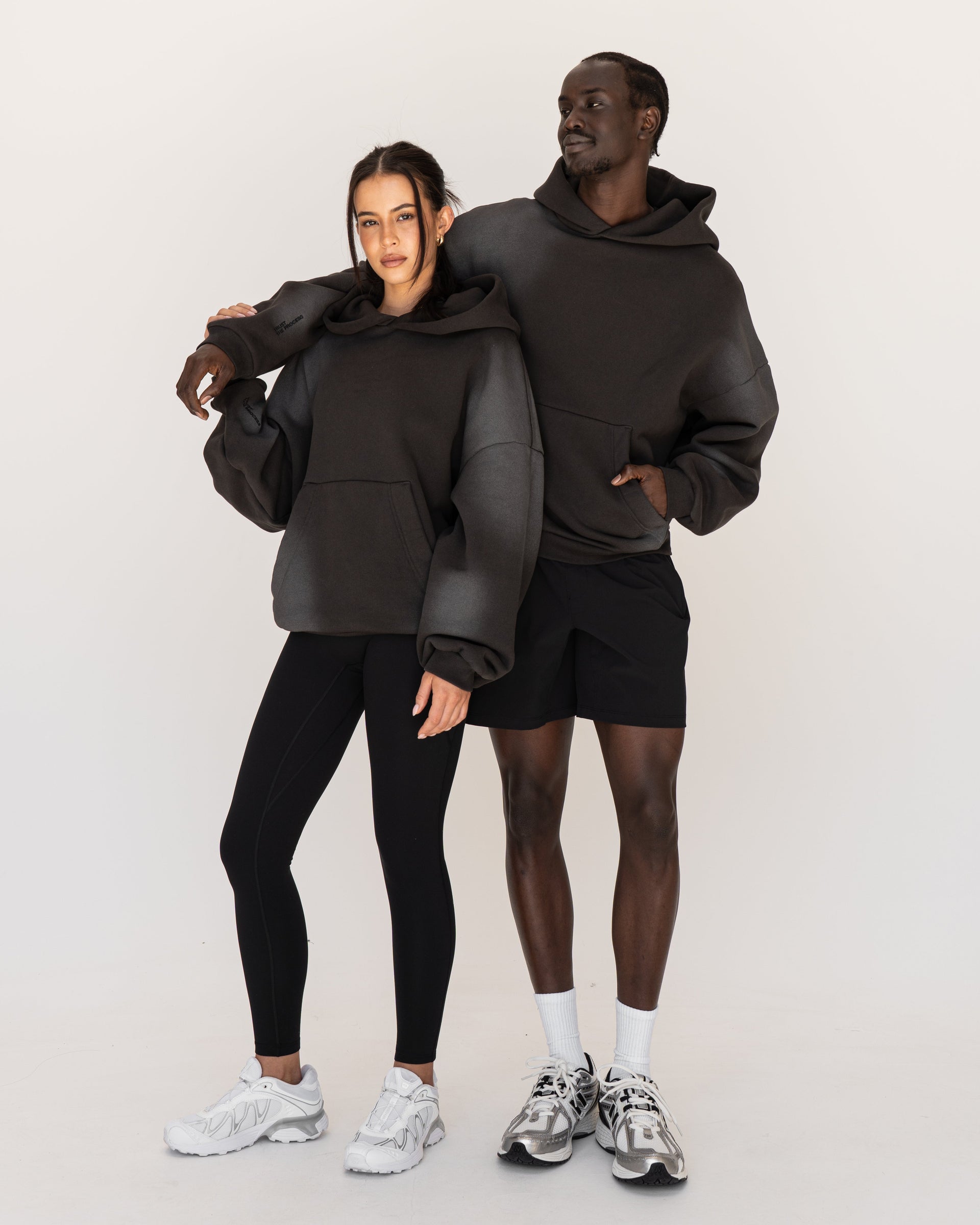 Duo wearing Memory In Motion 500gsm Ultra Heavyweight Washed Hoodie - Charcoal Washed | Model:Both | Size:Duo