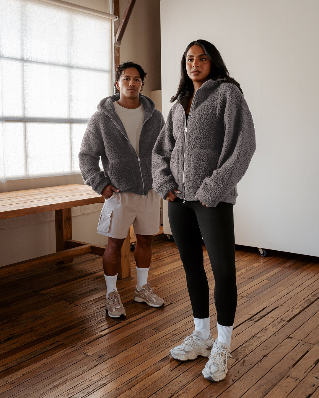 Duo wearing Sherpa Oversized Jacket - Dark Storm | Size:Duo