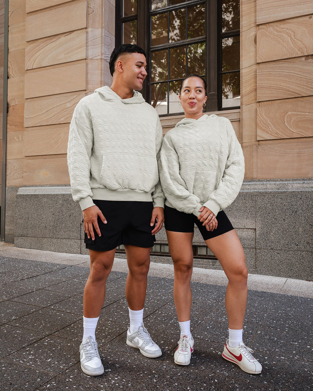 Duo wearing MVP Quilted Oversized Hoodie in Digital Mist-Geometric | Model:Duo | Size:Duo
