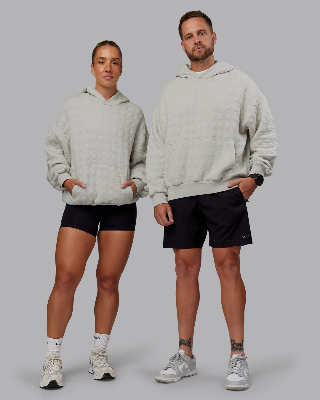 Duo wearing MVP Quilted Oversized Hoodie - Digital Mist-Geometric | Model:Duo | Size:Duo
