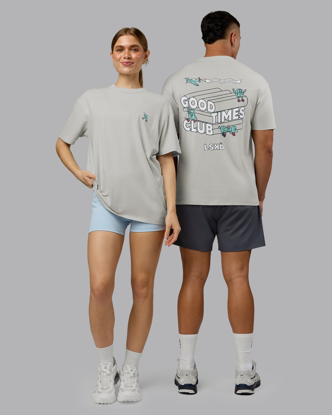 Duo wearing Perspective FLXCotton Oversized Tee - Digital Mist-White | Model:Both | Size:Duo