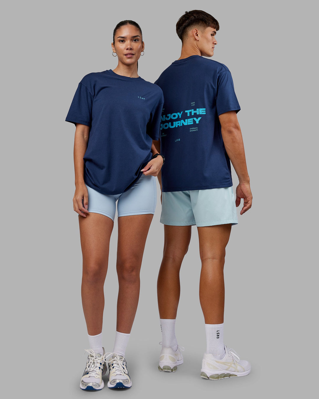 Duo wearing Enjoy the Journey Value Series FLXCotton Tee Oversize - Future Navy-Blue Atoll | Model:Both | Size:Duo