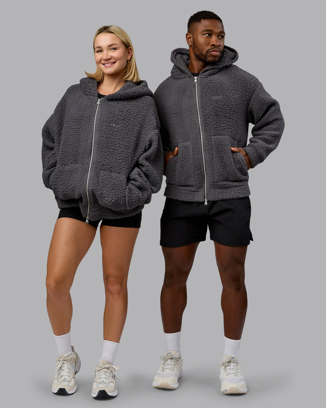 Duo wearing Sherpa Oversized Jacket - Dark Storm | Model:Both | Size:Duo