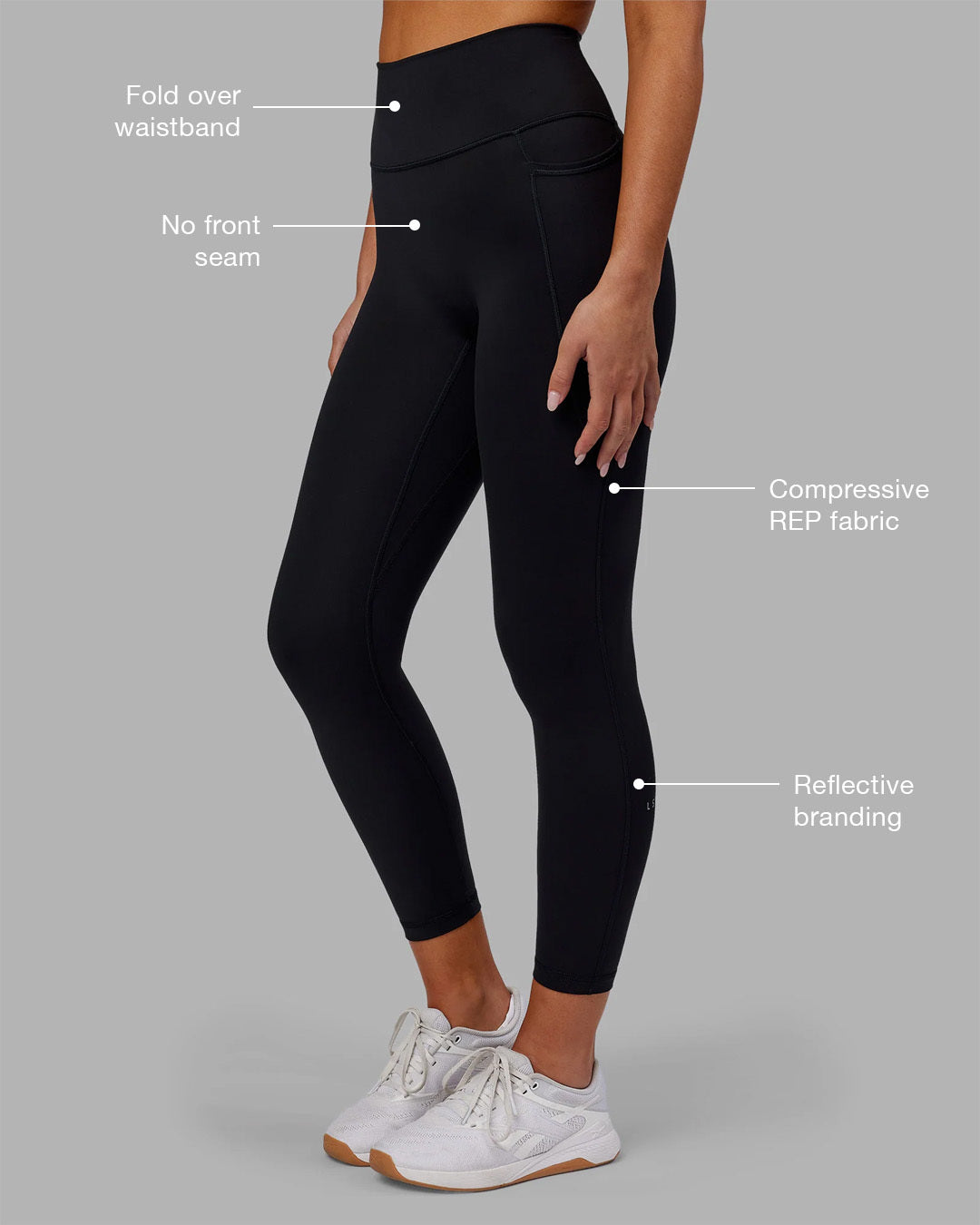 Woman wearing Fusion Ultra High-Rise 7/8 Legging Pockets - Black | Model:Kirstyn | Size:S