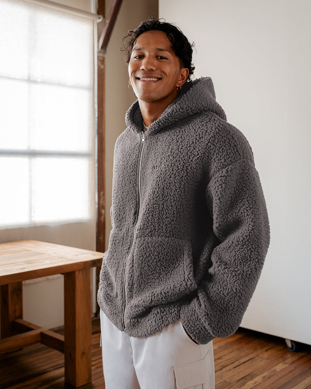 Man wearing Sherpa Oversized Jacket - Dark Storm | Size:L