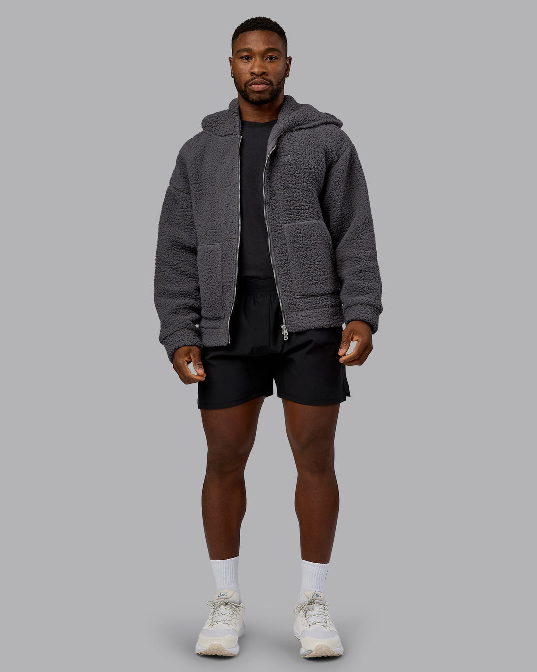 Man wearing Sherpa Oversized Jacket - Dark Storm | Model:Sam | Size:L