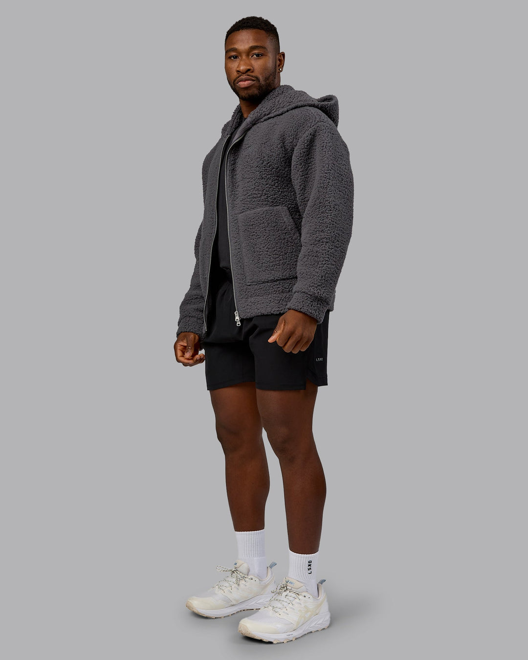 Man wearing Sherpa Oversized Jacket - Dark Storm | Model:Sam | Size:L