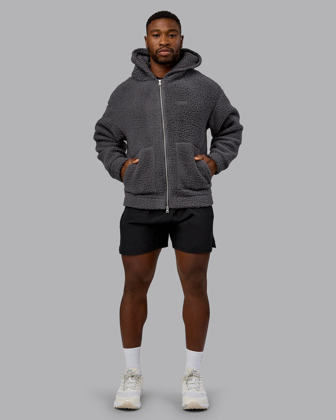 Man wearing Sherpa Oversized Jacket - Dark Storm | Model:Sam | Size:L