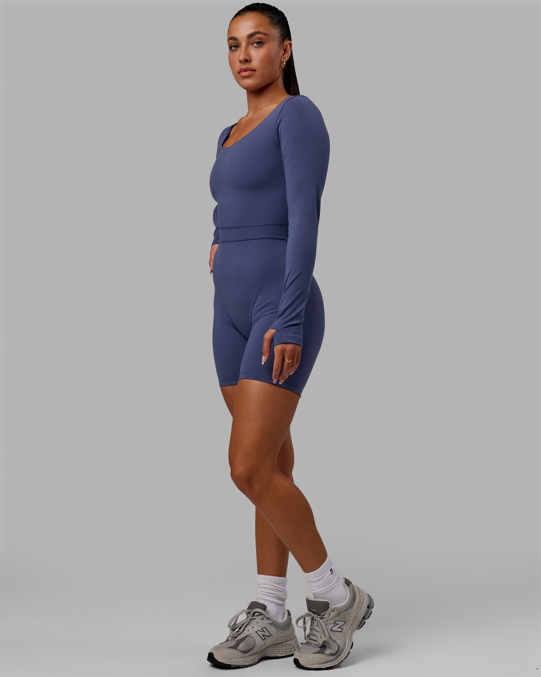 Woman wearing Focus Long Sleeve Bodysuit - Future Dusk