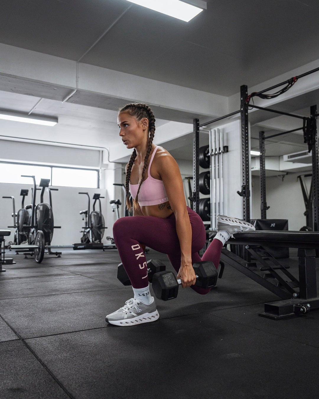 Woman wearing Rep Ultra High-Rise 7/8 Leggings Pockets - Cherry Lacquer-Marshmallow