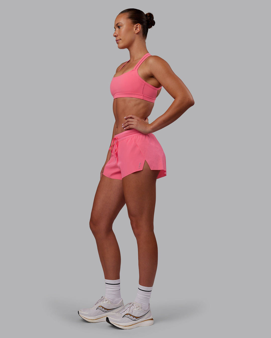 Woman wearing Accelerate 3" Running Short - Pink Lemonade | Model:Charlize | Size:S