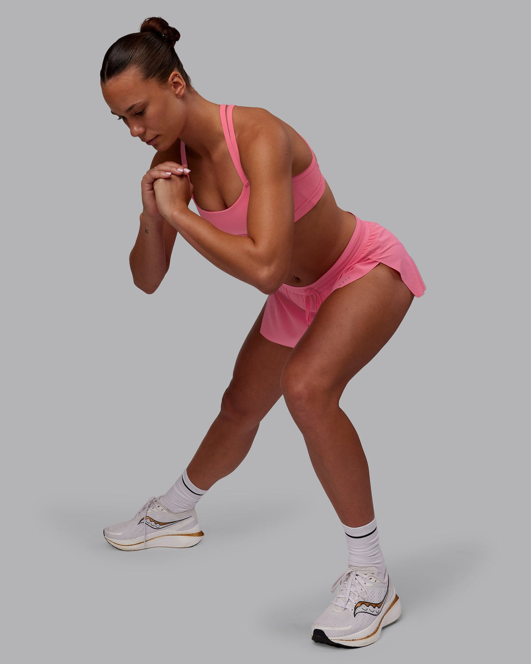 Woman wearing Accelerate 3" Running Short - Pink Lemonade | Model:Charlize | Size:S
