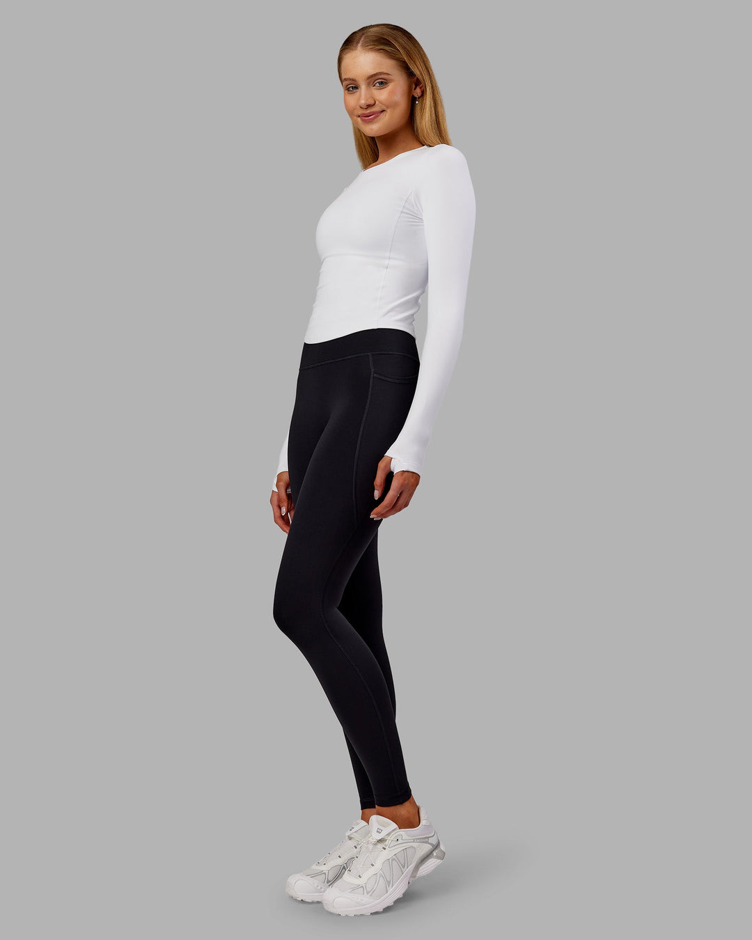 Woman wearing Embrace Thermal Long Sleeve Tee - White | Model:Ella | Size:S