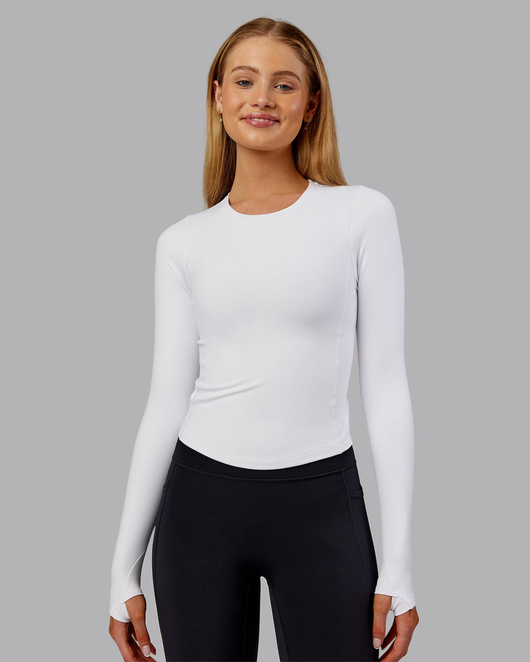 Woman wearing Embrace Thermal Long Sleeve Tee - White | Model:Ella | Size:S