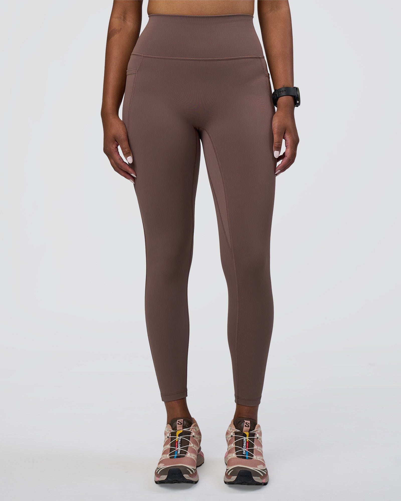 Woman wearing Fusion Ultra High-Rise 7/8 Legging Pockets - Peppercorn | Model:Rica | Size:S