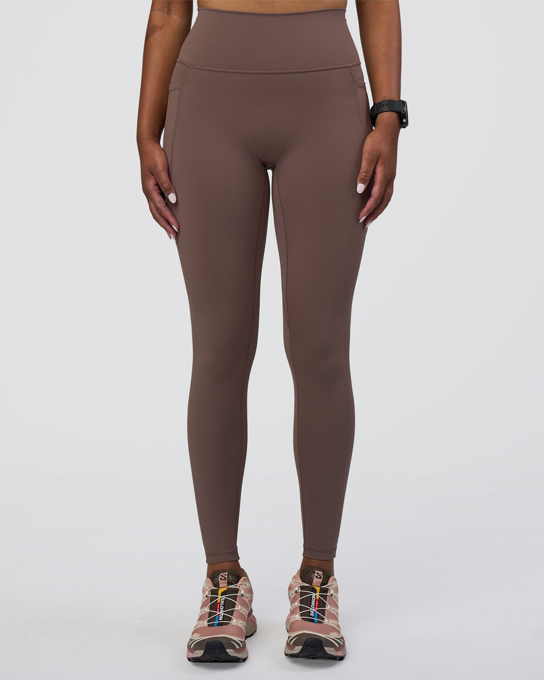 Woman wearing Fusion Ultra High-Rise Full Length Legging Pockets - Peppercorn | Model:Rica | Size:S