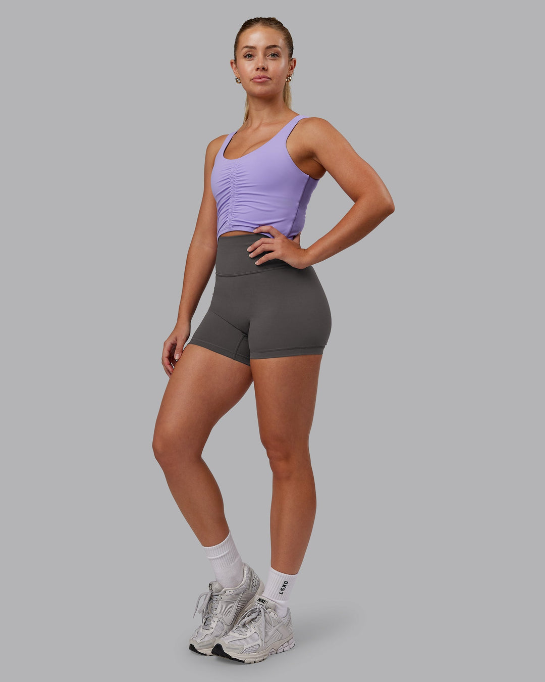 Woman wearing Liberty Ruched Tank - Violet Ray | Model:Hannah | Size:S