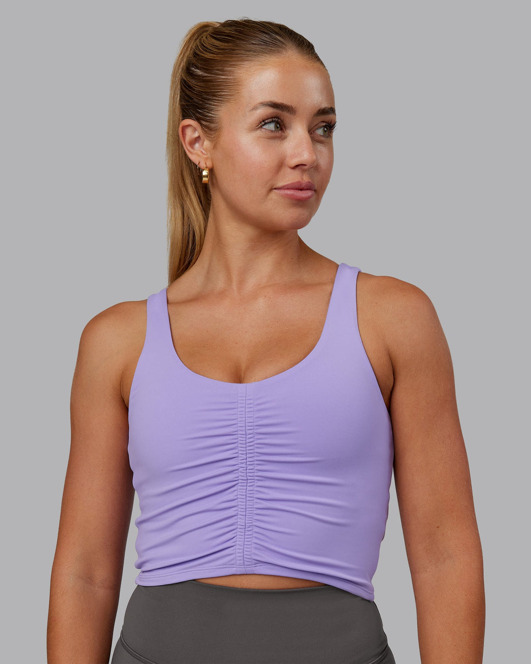 Woman wearing Liberty Ruched Tank - Violet Ray | Model:Hannah | Size:S