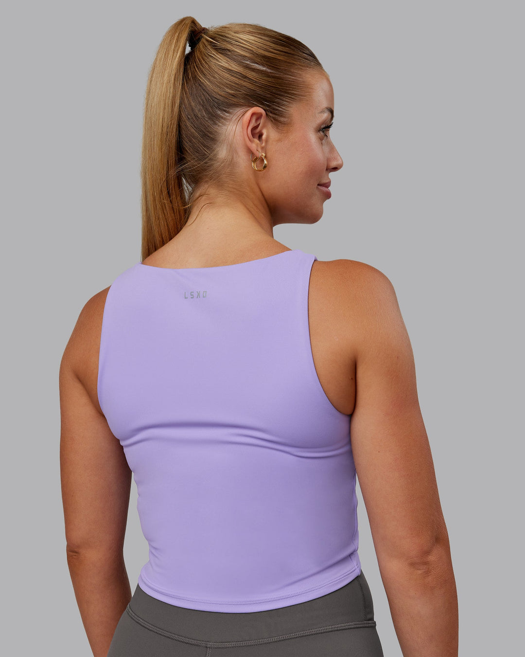 Woman wearing Liberty Ruched Tank - Violet Ray | Model:Hannah | Size:S