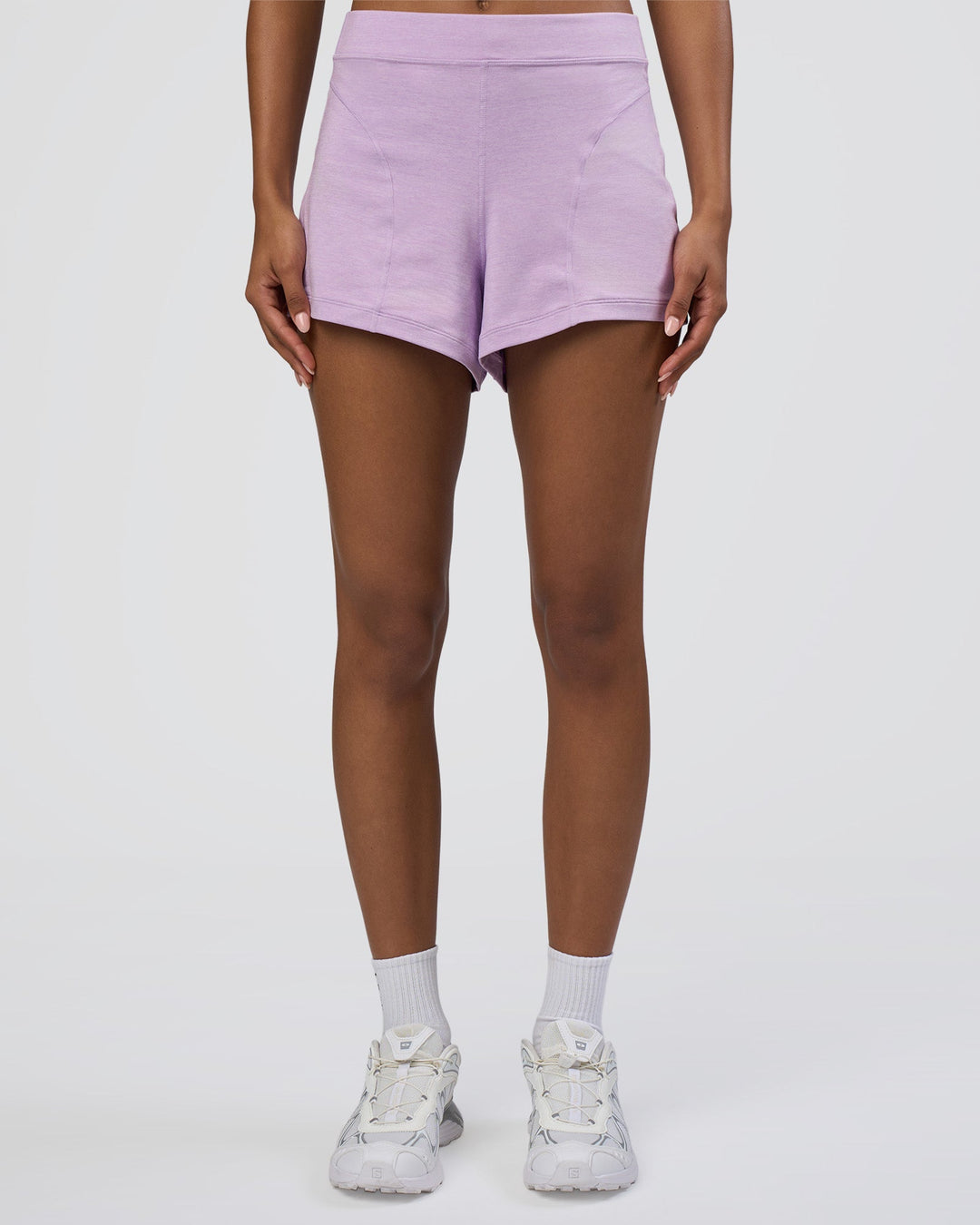 Woman wearing Movement CloudFLX 3" Short - Orchid Bloom Marl | Model:Tomi | Size:S