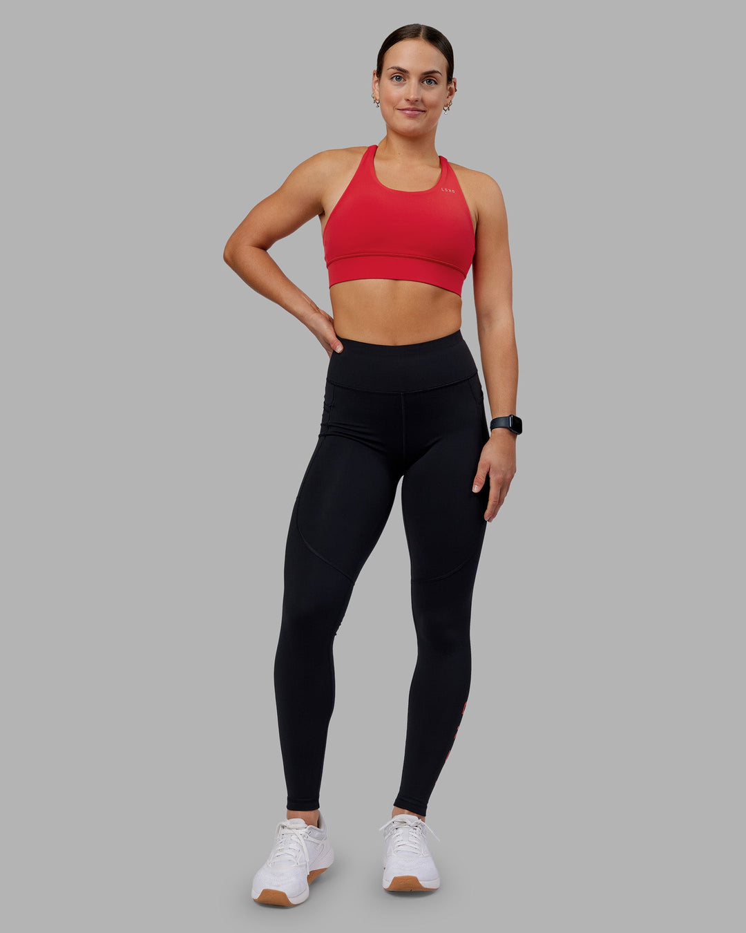 Woman wearing Rep Ultra High-Rise Full Length Legging Pockets - Black-Scarlet | Model:Keisha | Size:S