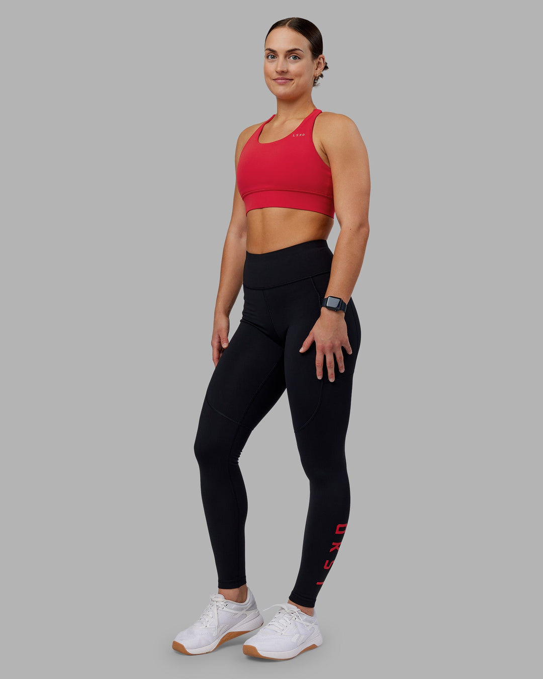 Woman wearing Rep Ultra High-Rise Full Length Legging Pockets - Black-Scarlet | Model:Keisha | Size:S
