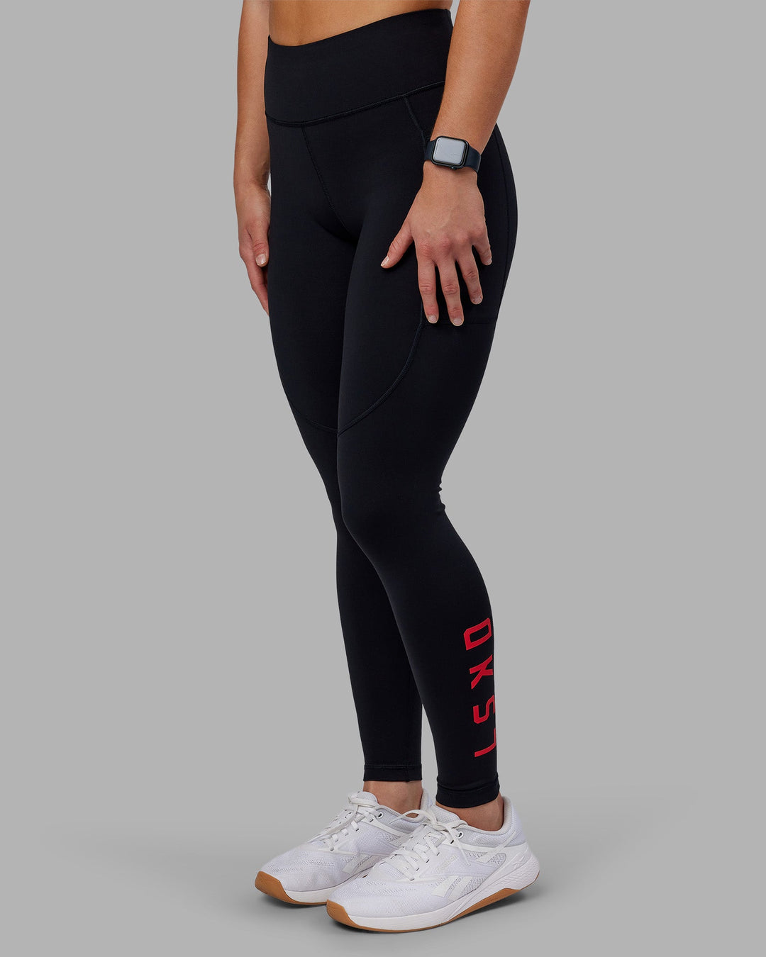 Woman wearing Rep Ultra High-Rise Full Length Legging Pockets - Black-Scarlet | Model:Keisha | Size:S