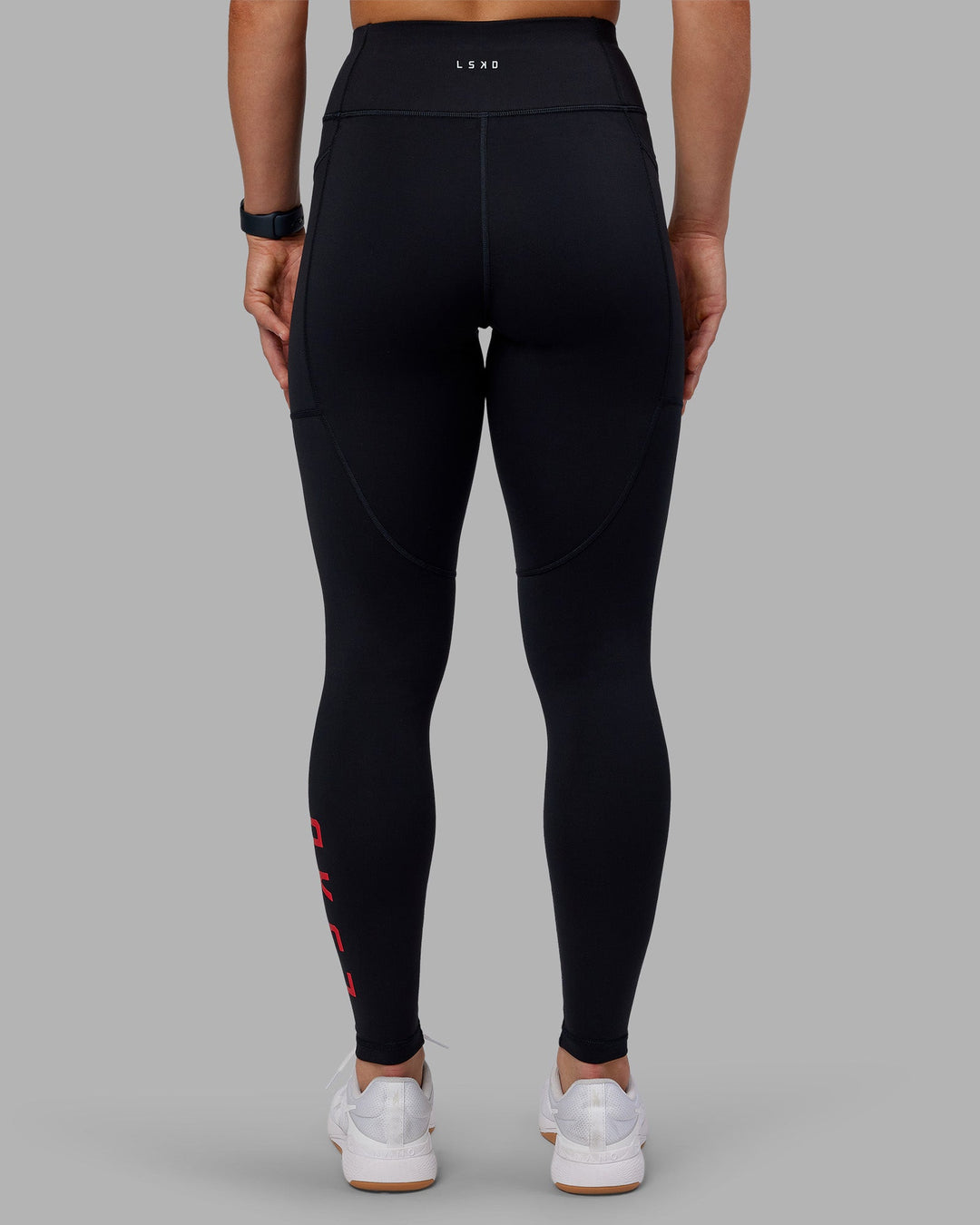 Woman wearing Rep Ultra High-Rise Full Length Legging Pockets - Black-Scarlet | Model:Keisha | Size:S