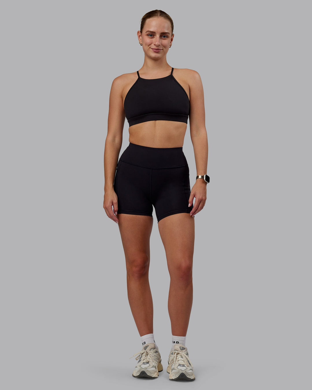 Woman wearing Rep Ultra High-Rise 4" Short Pockets - Black-Black