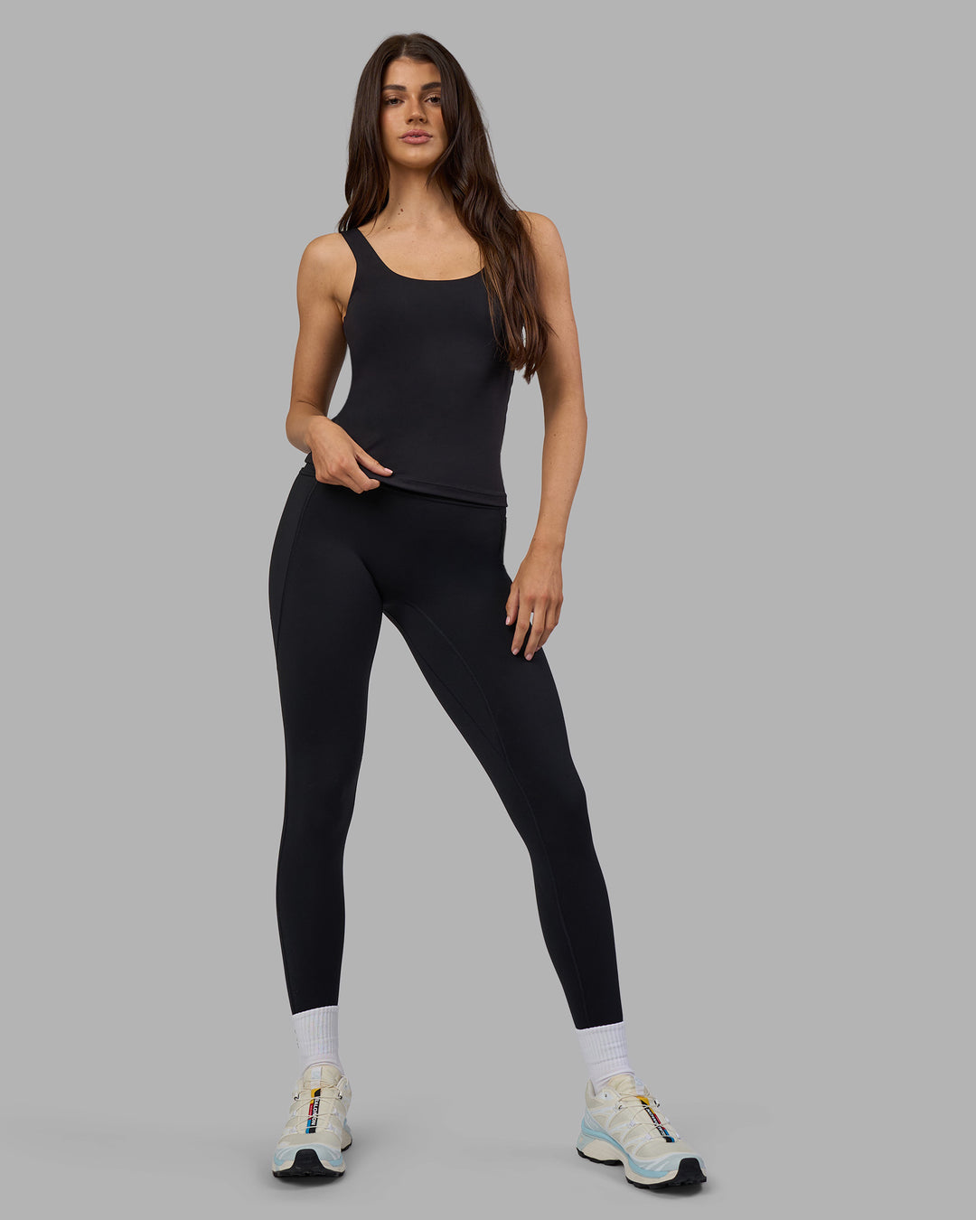 Woman wearing Staple Active Shelf Bra Tank - Black | Model:Phoebe | Size:S