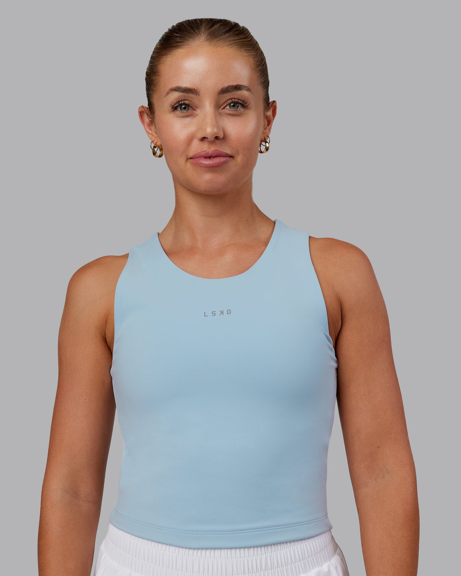 Woman wearing Base Tank - Sky Blue | Size:S | Model:Hannah