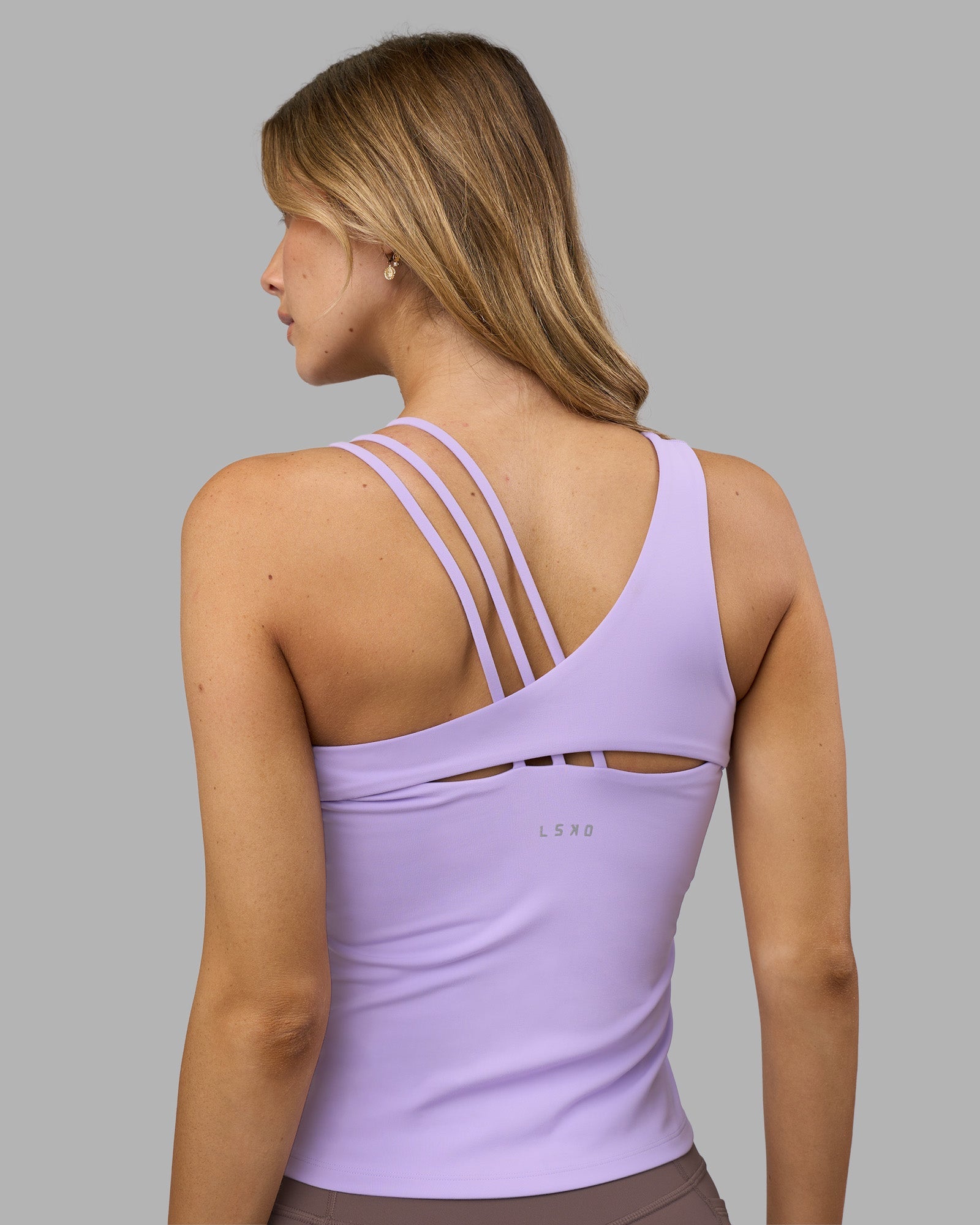 Woman wearing Galvanise Splice Shelf Bra Tank - Pale Lilac | Model:Leilani | Size:XS