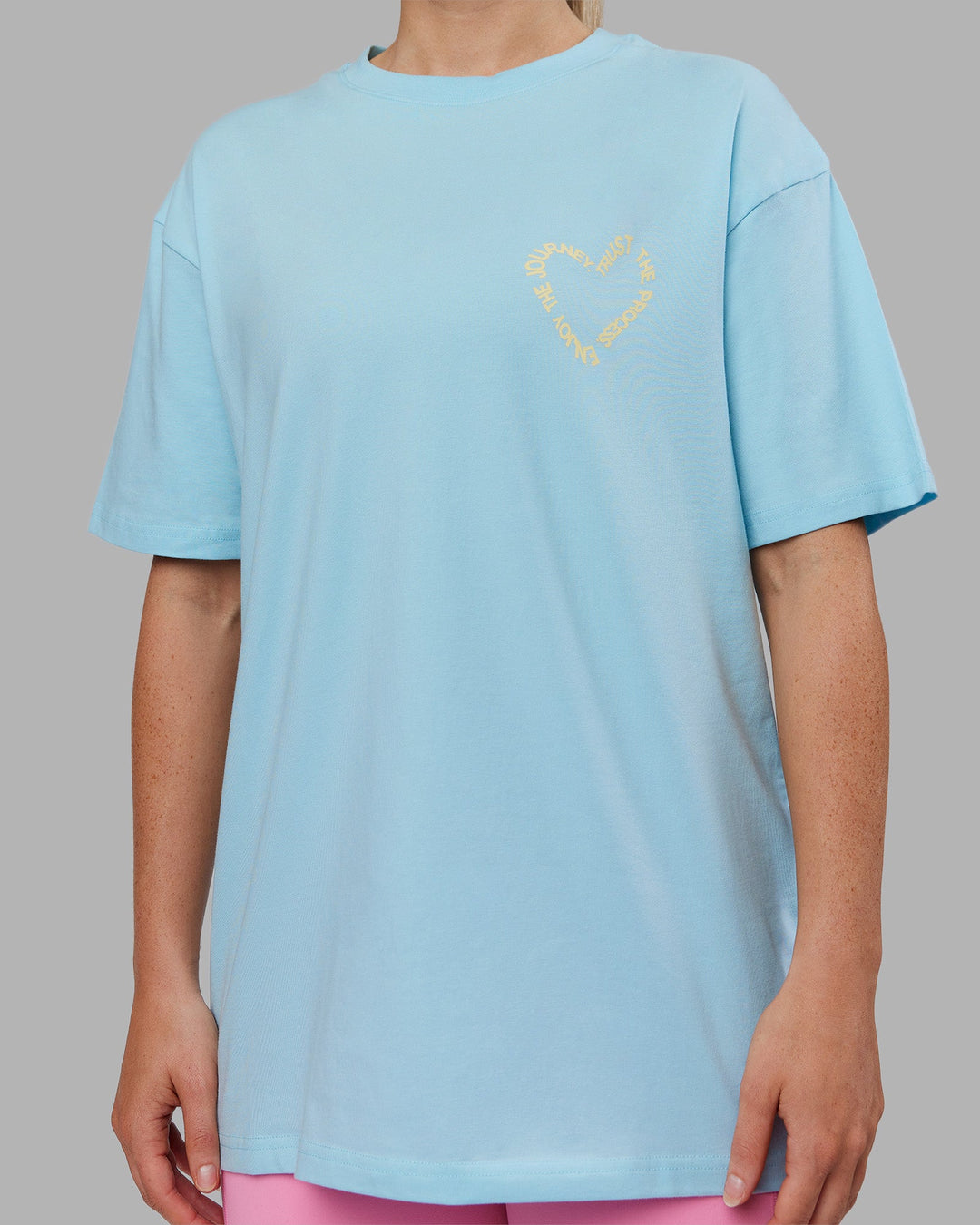 Woman wearing Love The Process FLXCotton Oversize Tee - Crystal Blue-Lemon | Model:Neve | Size:XS