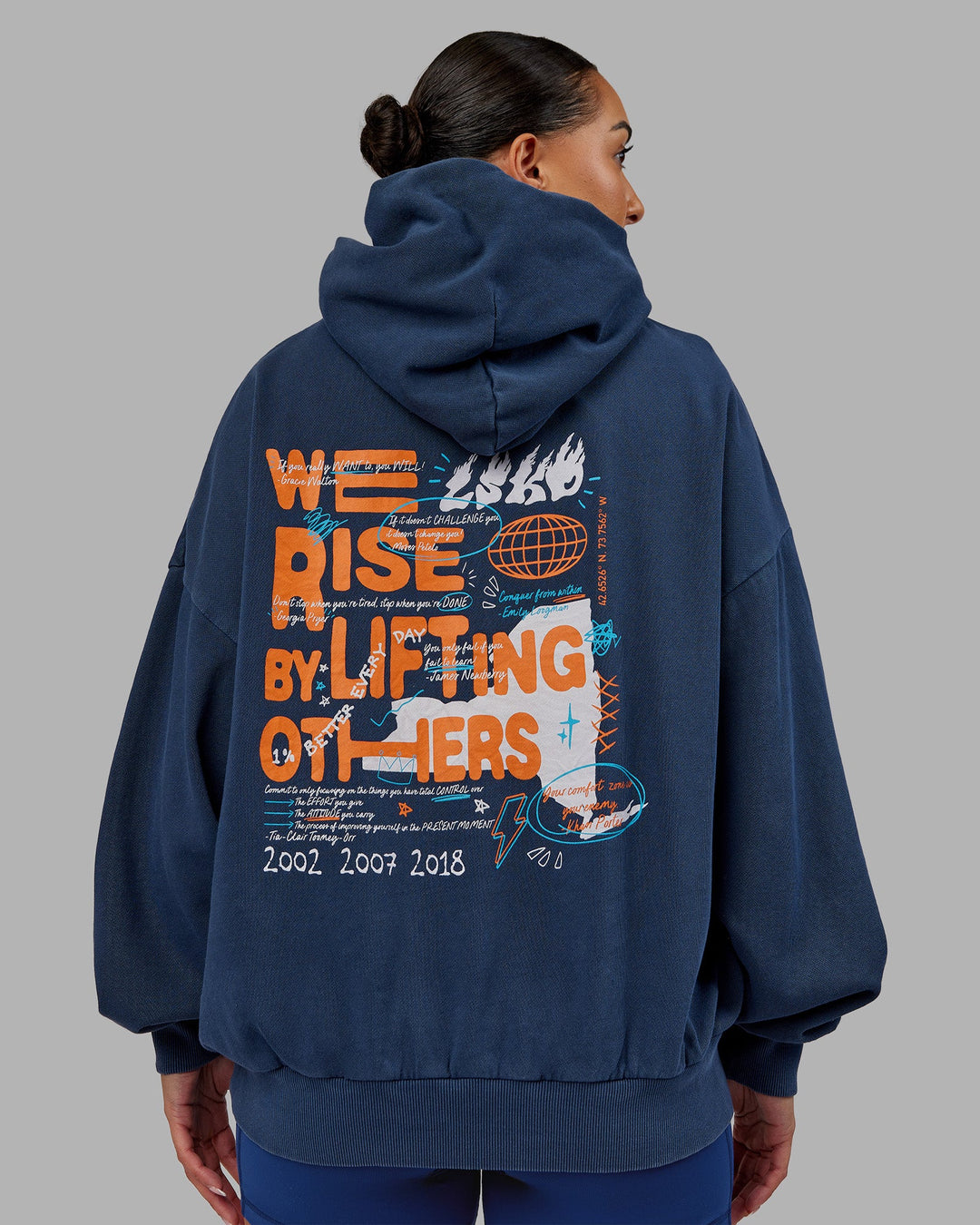 Woman wearing NY25 Washed Oversized Hoodie - Future Navy-Ultra Orange | Model:Ayla | Size:XS