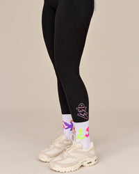 Woman wearing Fusion Graphic Ultra High-Rise Full Length Legging Pockets - Black-Radiate