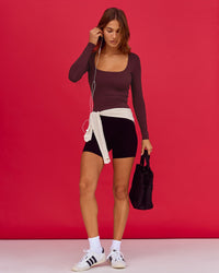 Woman wearing Show It Off Long Sleeve Top in Cherry Lacquer | Thumbnail Index: 7