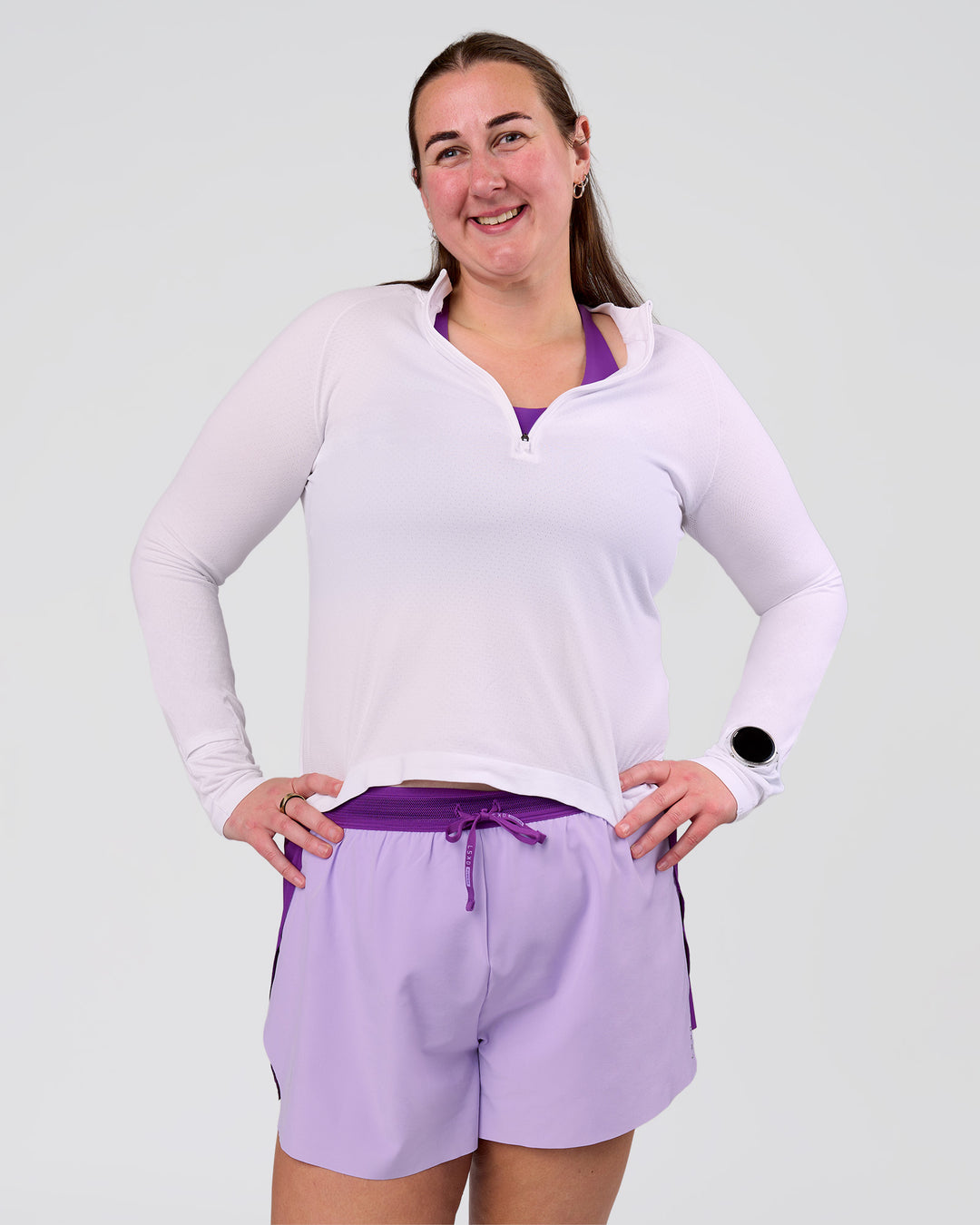 Woman wearing Accelerate 3" High-Rise Running Short - Chloe Purple | Model:Chloe | Size:3XL - view 4