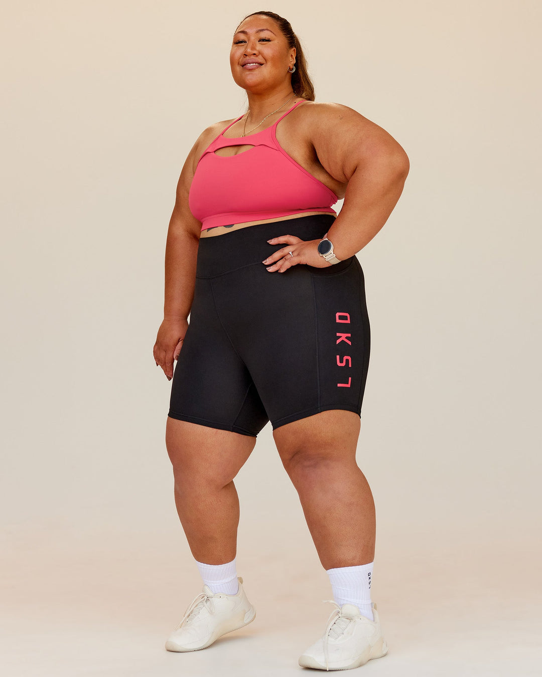 Woman wearing Be Bold Sports Bra - Bright Raspberry | Model:Lilz | Size:3XL