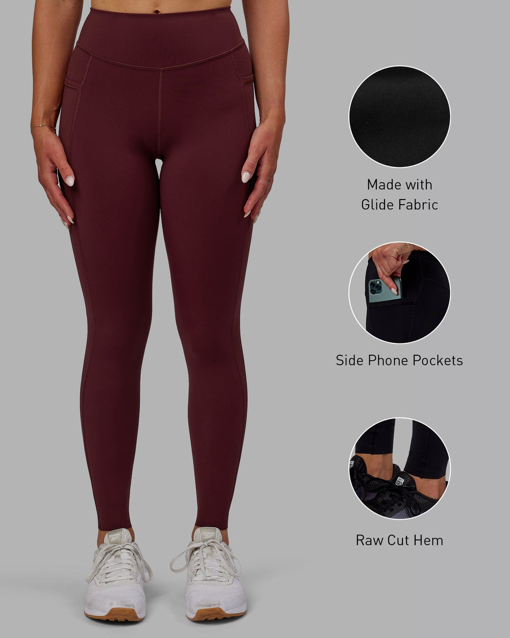 Woman wearing Elite Full Length Leggings - Dark Cherry