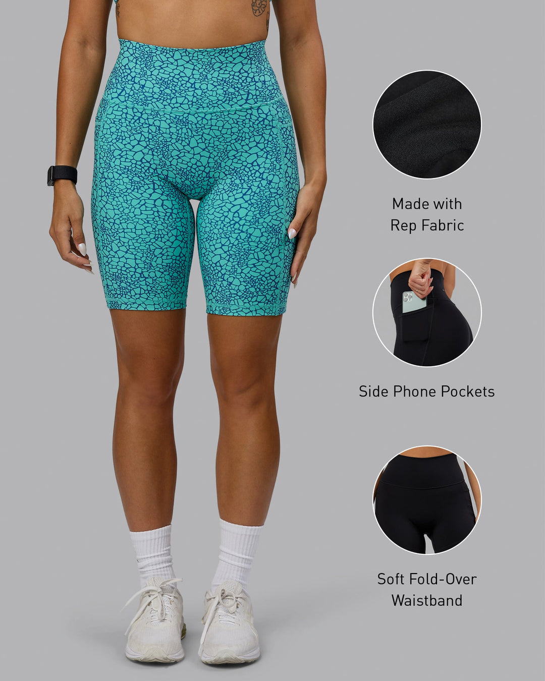 Woman wearing Fusion Bike Shorts - Aquatic Awe Vitality Print