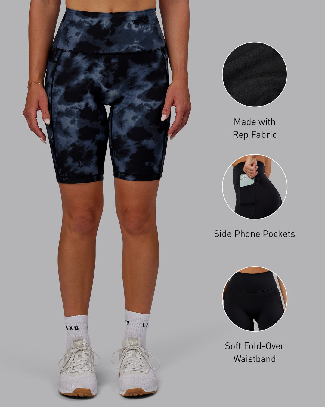 Woman wearing Fusion Bike Shorts - Tie Dye-Midnight