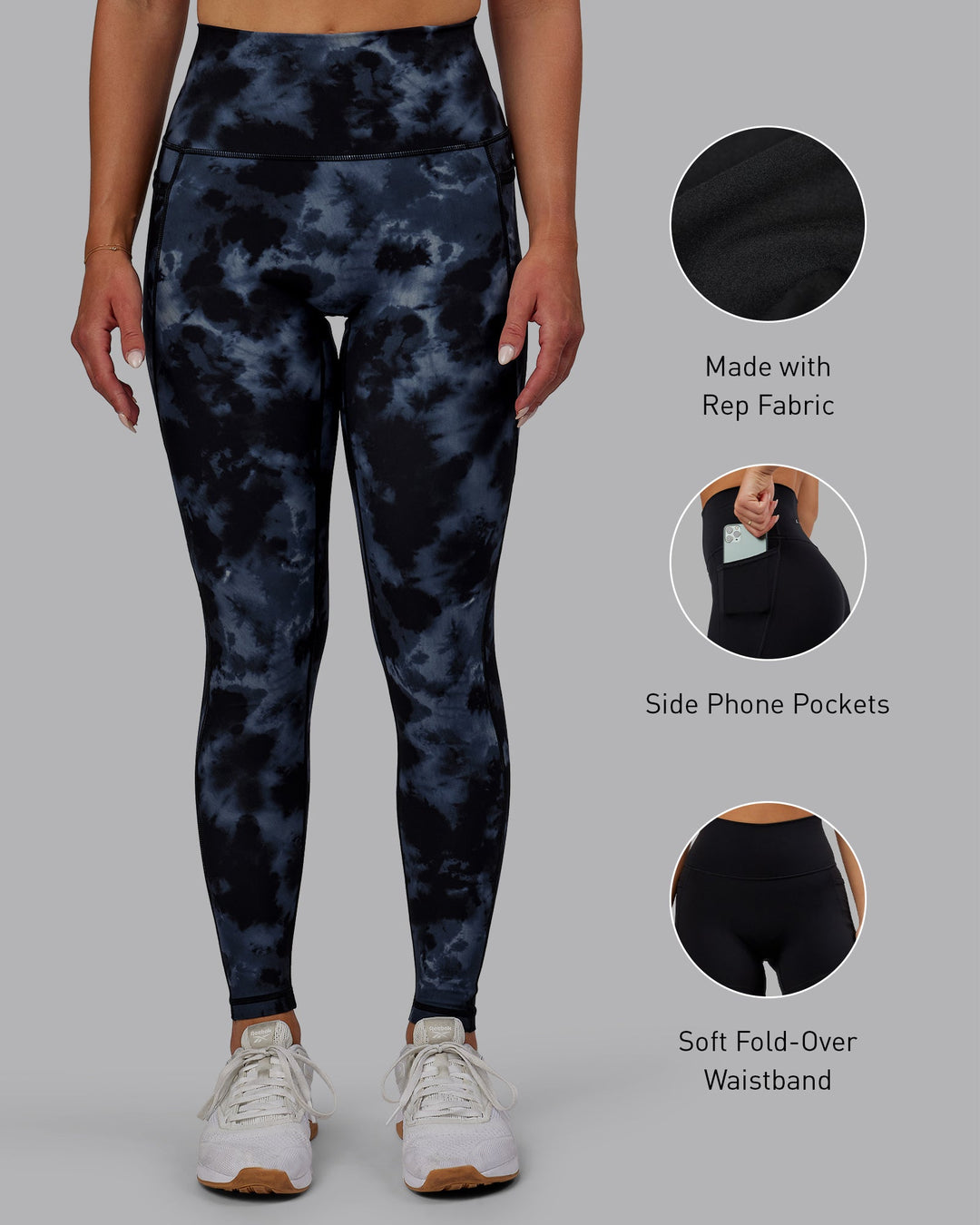 Woman wearing Fusion Full Length Leggings - Tie Dye-Midnight