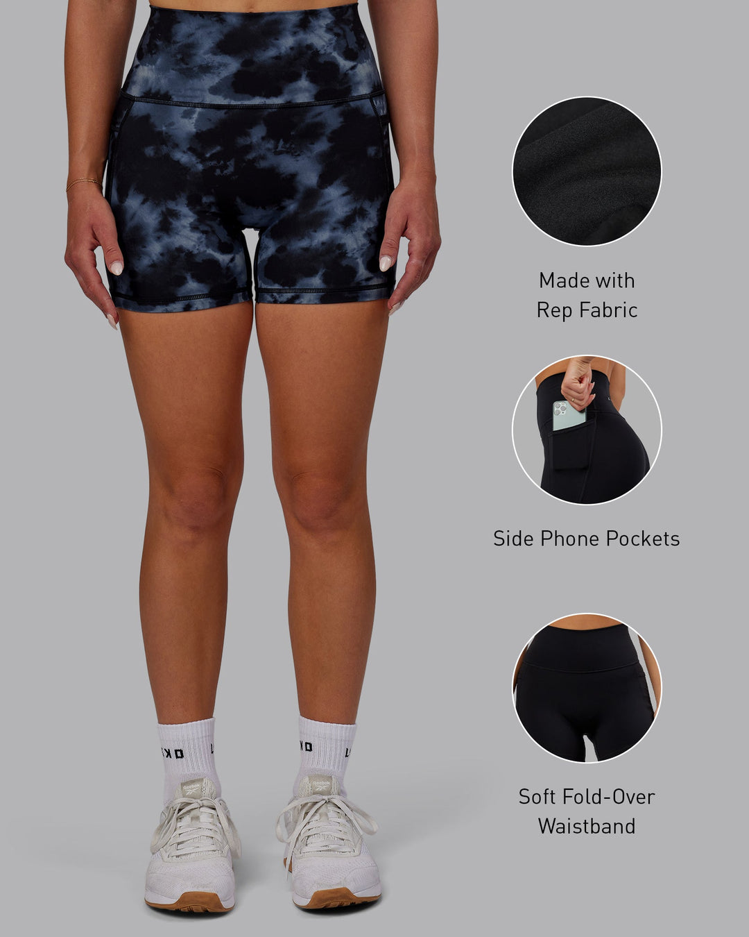 Woman wearing Fusion X-Length Shorts - Tie Dye-Midnight