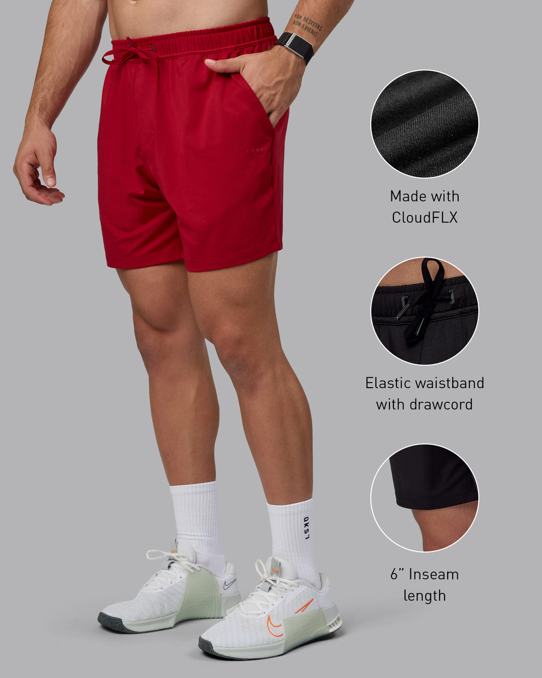 Man wearing Restore 6&quot; CloudFLX Shorts - Cherry Red