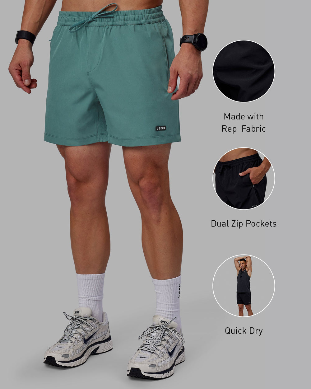 Man wearing Rep 5" Performance Shorts - Sage Bush