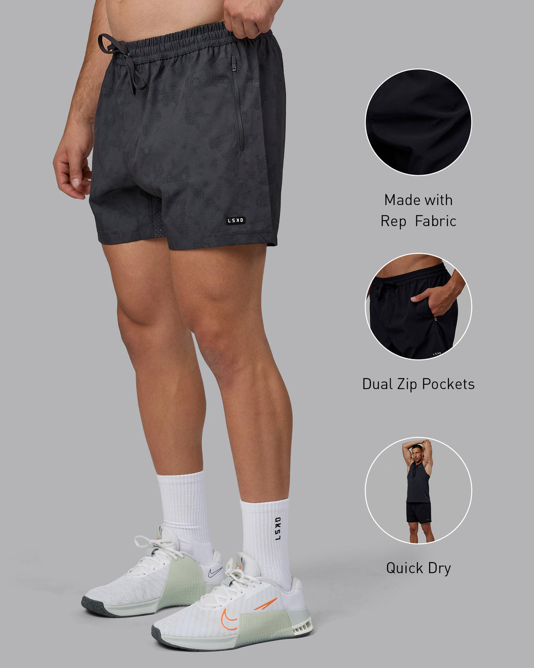 Man wearing Rep 5&quot; Performance Shorts - Digital Camo Pirate Black