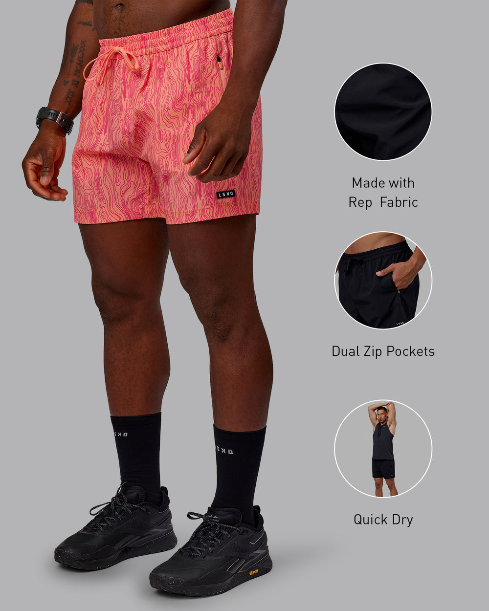 Man wearing Rep 5" Performance Shorts - Topographic Peach