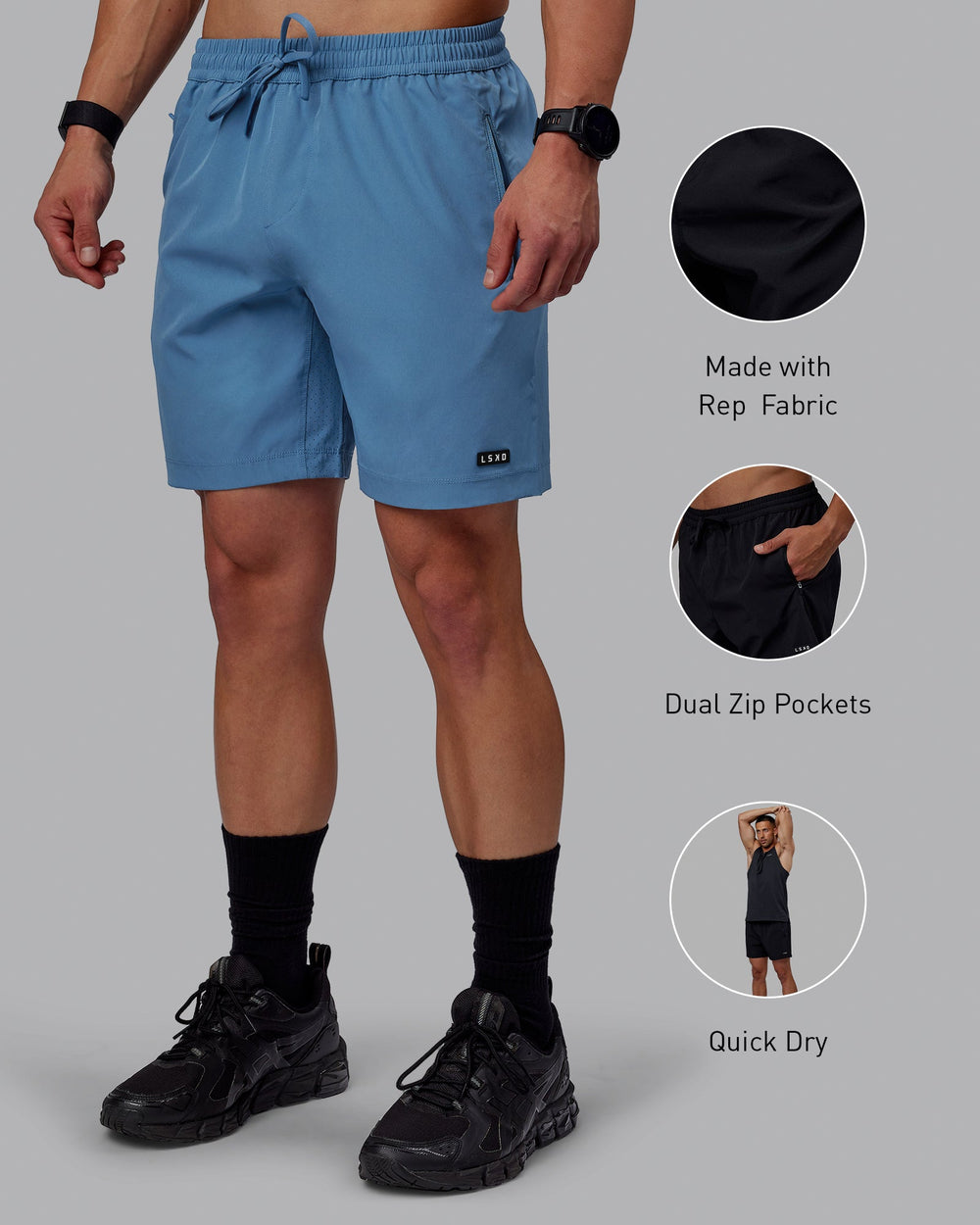 Man wearing Rep 7" Performance Shorts - Elemental Blue