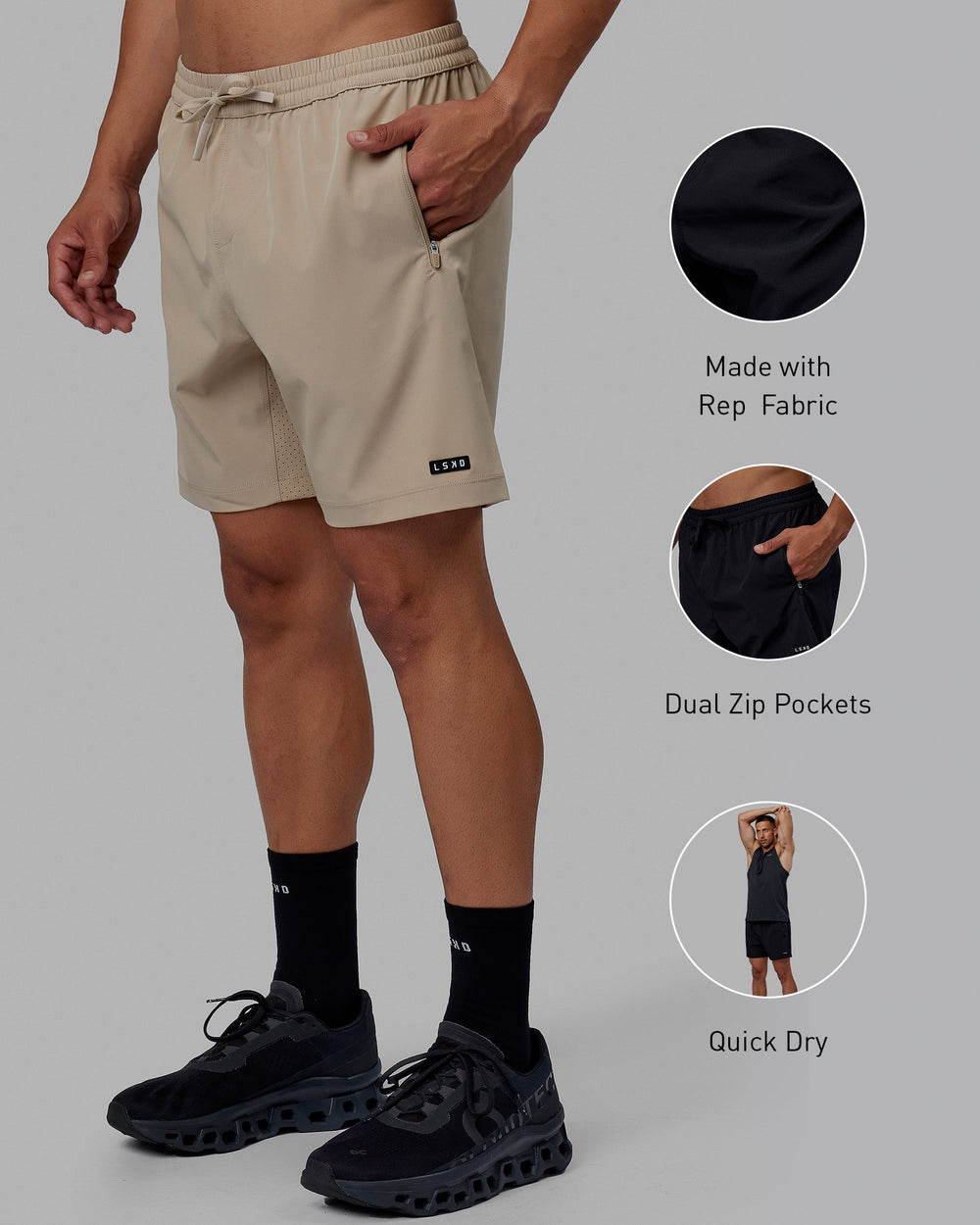 Man wearing Rep 7'' Performance Short - Taupe