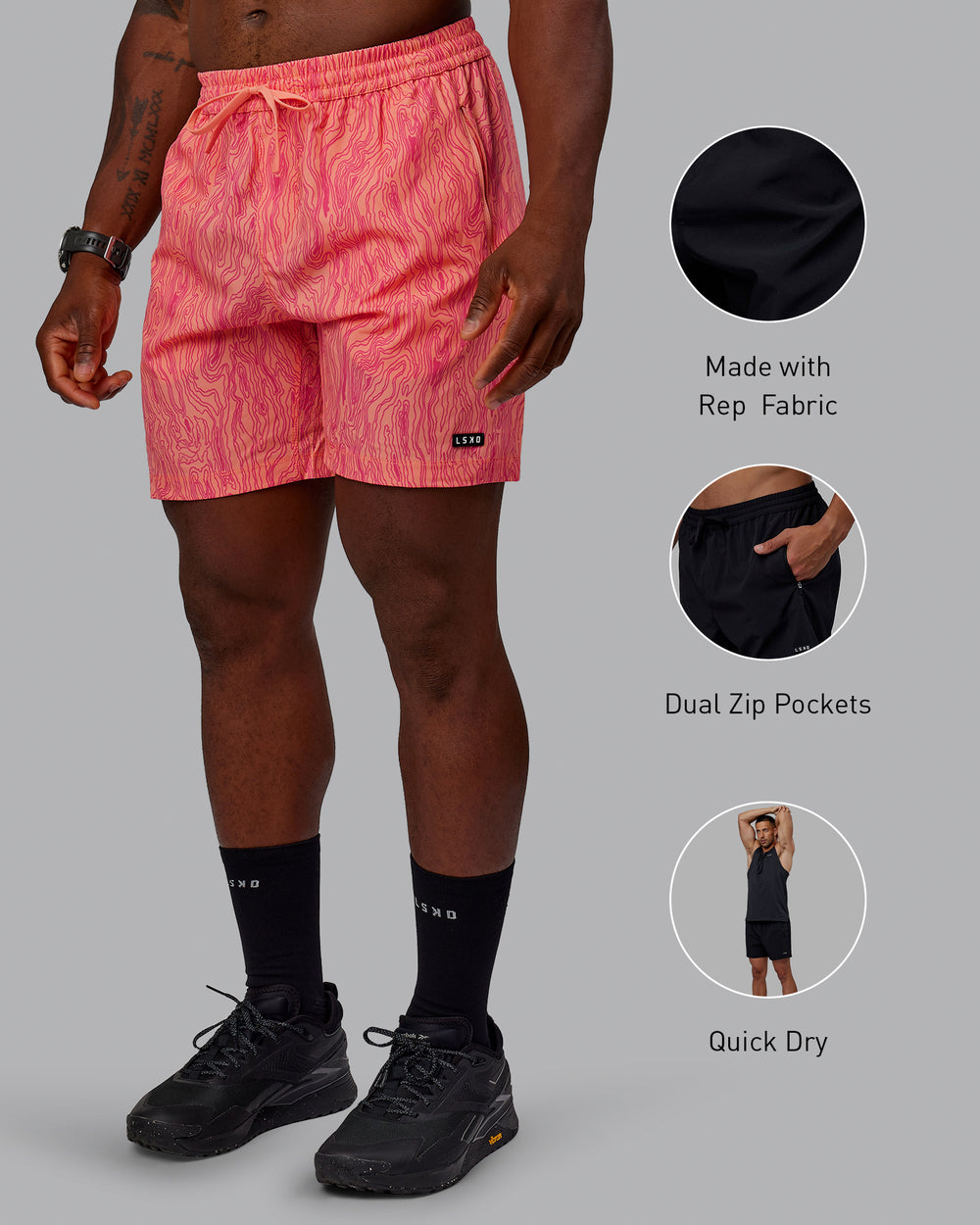 Man wearing Rep 7" Performance Shorts - Topographic Peach